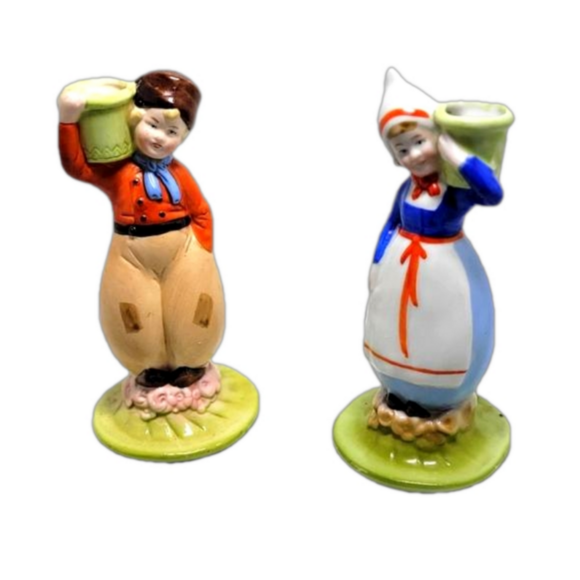 Art Deco 1930's Dutch boy and girl candle stick holders with handle Porcelain - Picture 1 of 9
